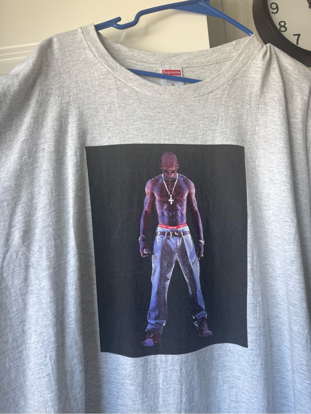 Supreme Light Gray Long Sleeve Tee with Dark Graphic Tupac Print